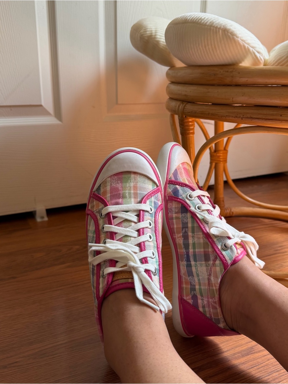 vintage pink multicolor plaid coach sneakers